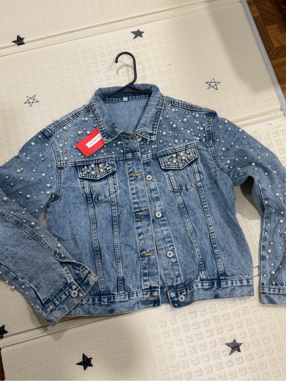 Pearl-Studded Light Wash Denim Jacket